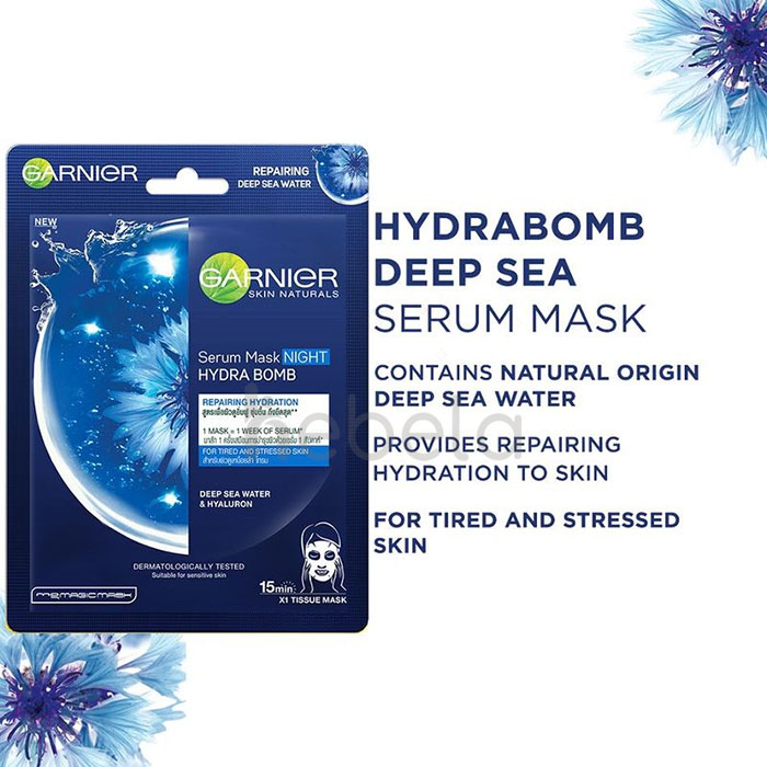 Mặt Nạ Garnier Nước Biển Sâu Cấp Ẩm Ban Đêm 28g Hydra Bomb Night Serum Mask - Deep Sea Water & Hyaluron