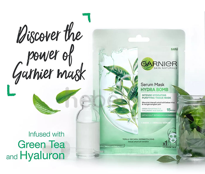 Mặt Nạ Garnier Tinh Chất Trà Xanh Kiểm Soát Dầu 28g Hydra Bomb Purifying Hydration Serum Mask - Green Tea & Hyaluron