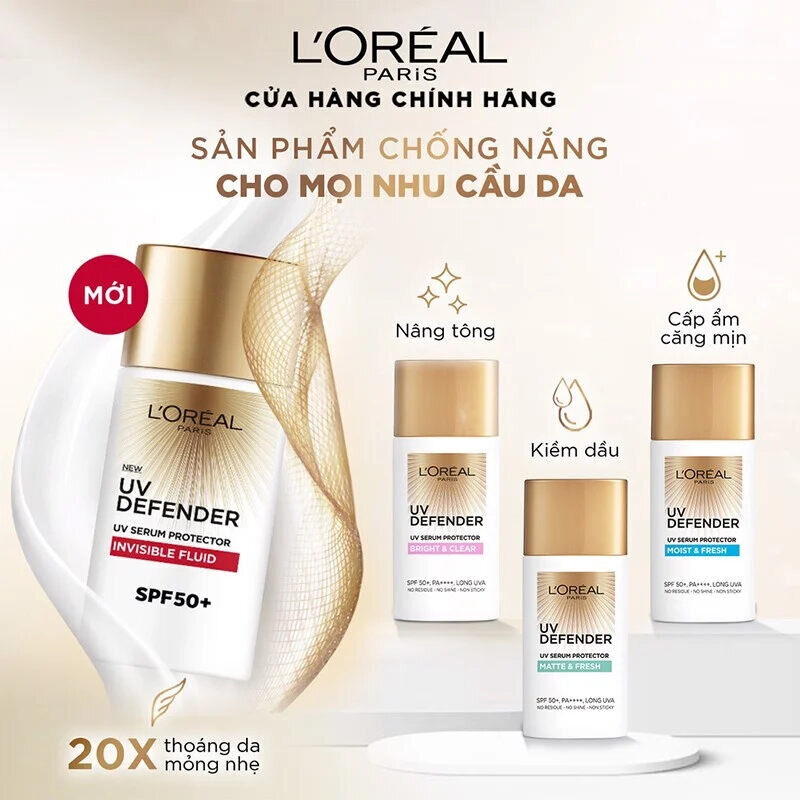 Kem chống nắng phiên bản mới L’Oreal 20X UV Defender Invisible Fluid được cải tiến với kết cấu thoáng da, mỏng nhẹ