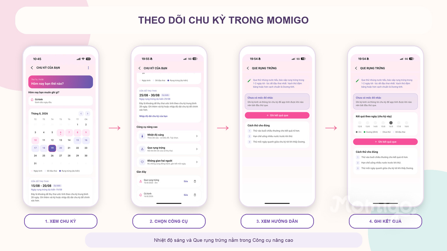Luồng theo dõi chu kỳ và lưu kết quả que rụng trứng trong Momigo