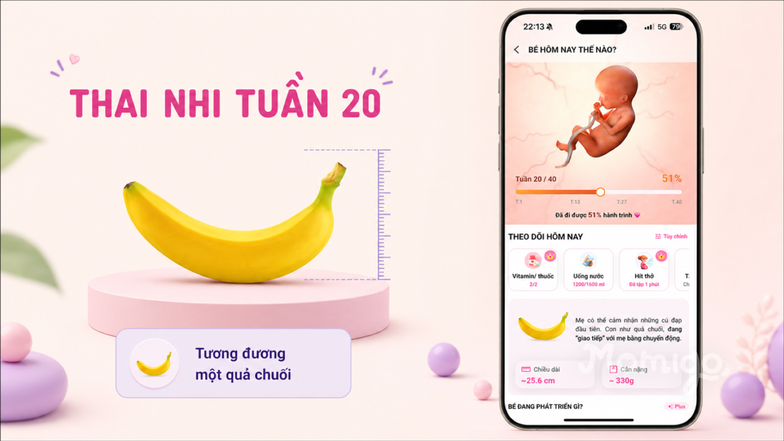 Thai nhi tuần 20 có kích thước tương đương một quả chuối trong Momigo