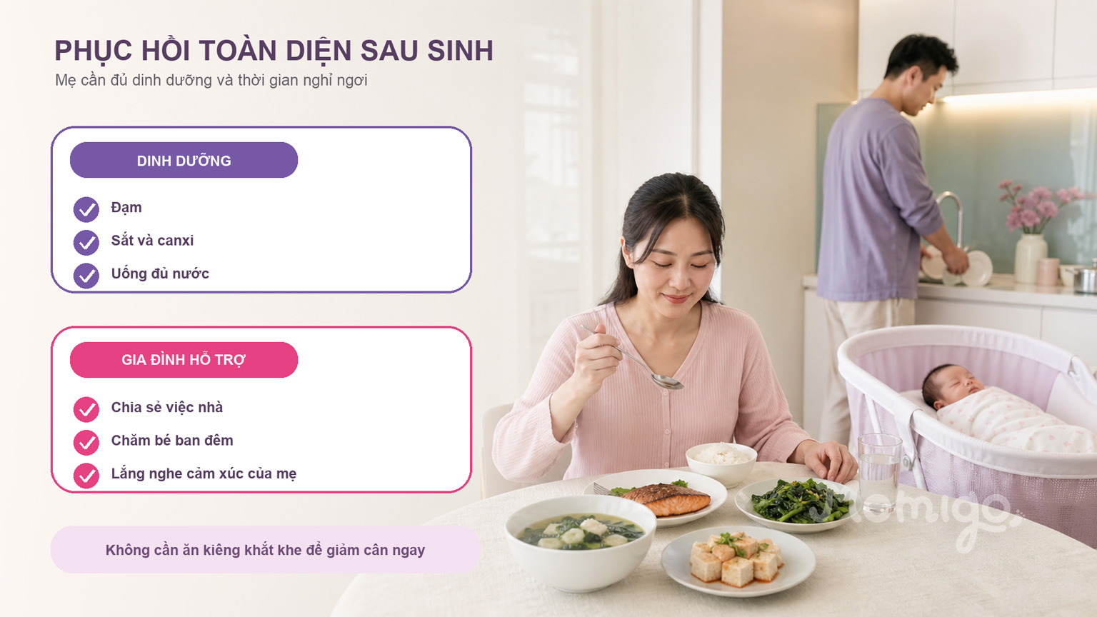 Dinh dưỡng và sự hỗ trợ của gia đình giúp mẹ phục hồi toàn diện