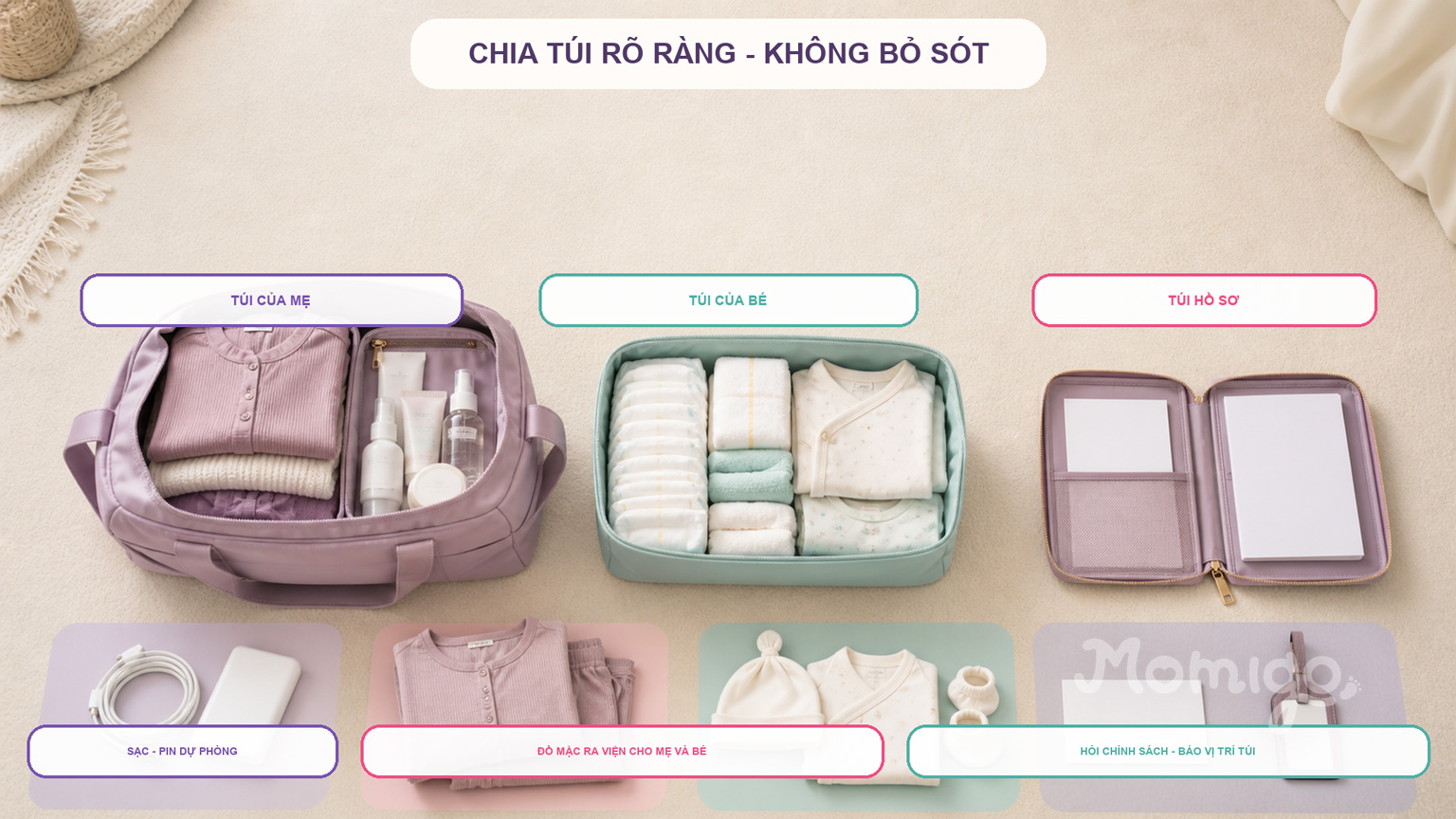 Chia riêng túi của mẹ, túi của bé và túi hồ sơ để dễ tìm