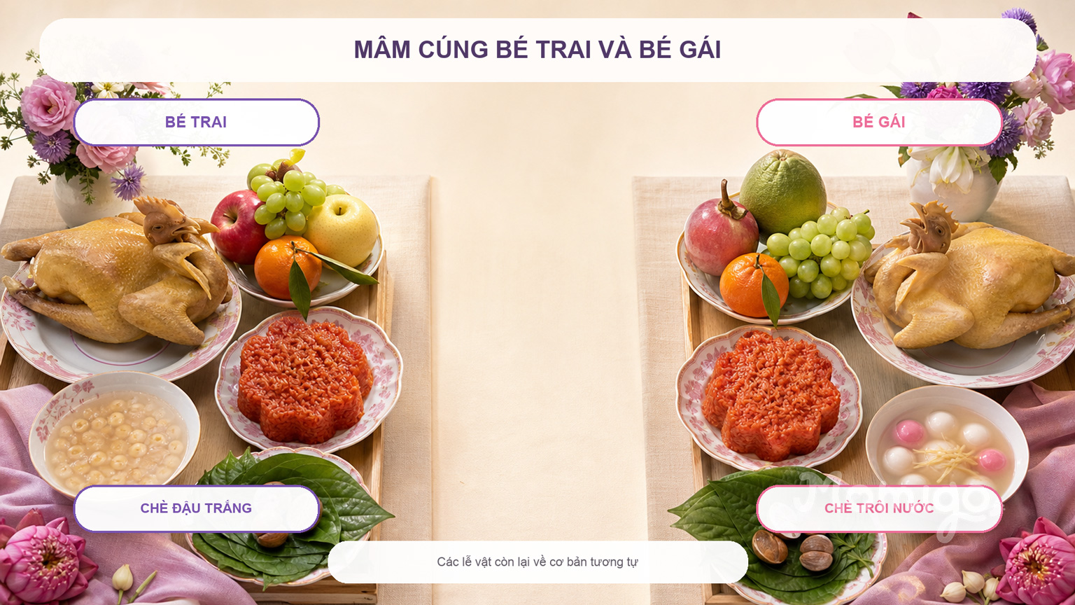 Điểm khác biệt phổ biến giữa mâm cúng đầy tháng cho bé trai và bé gái