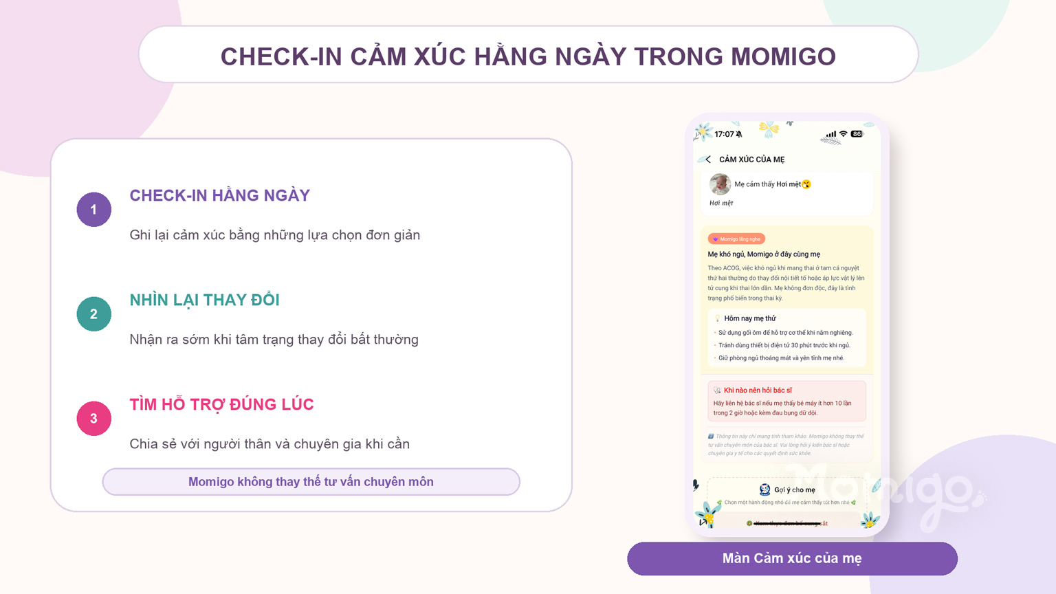 Check-in cảm xúc hằng ngày và nhận biết thay đổi tâm trạng trong Momigo