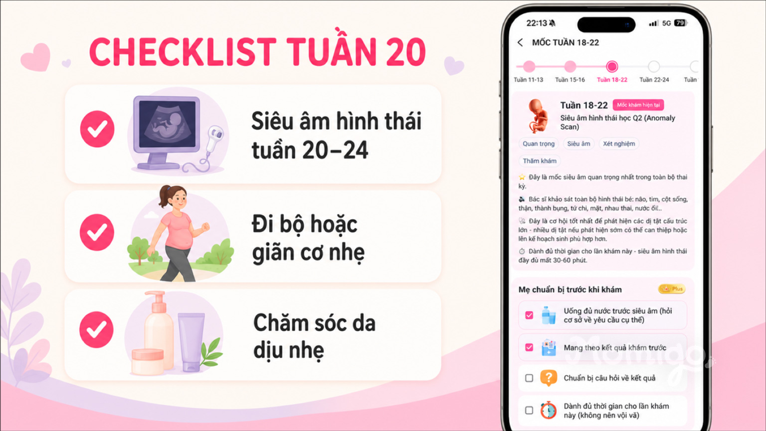 Checklist chăm sóc mẹ bầu và mốc siêu âm hình thái tuần 20–24