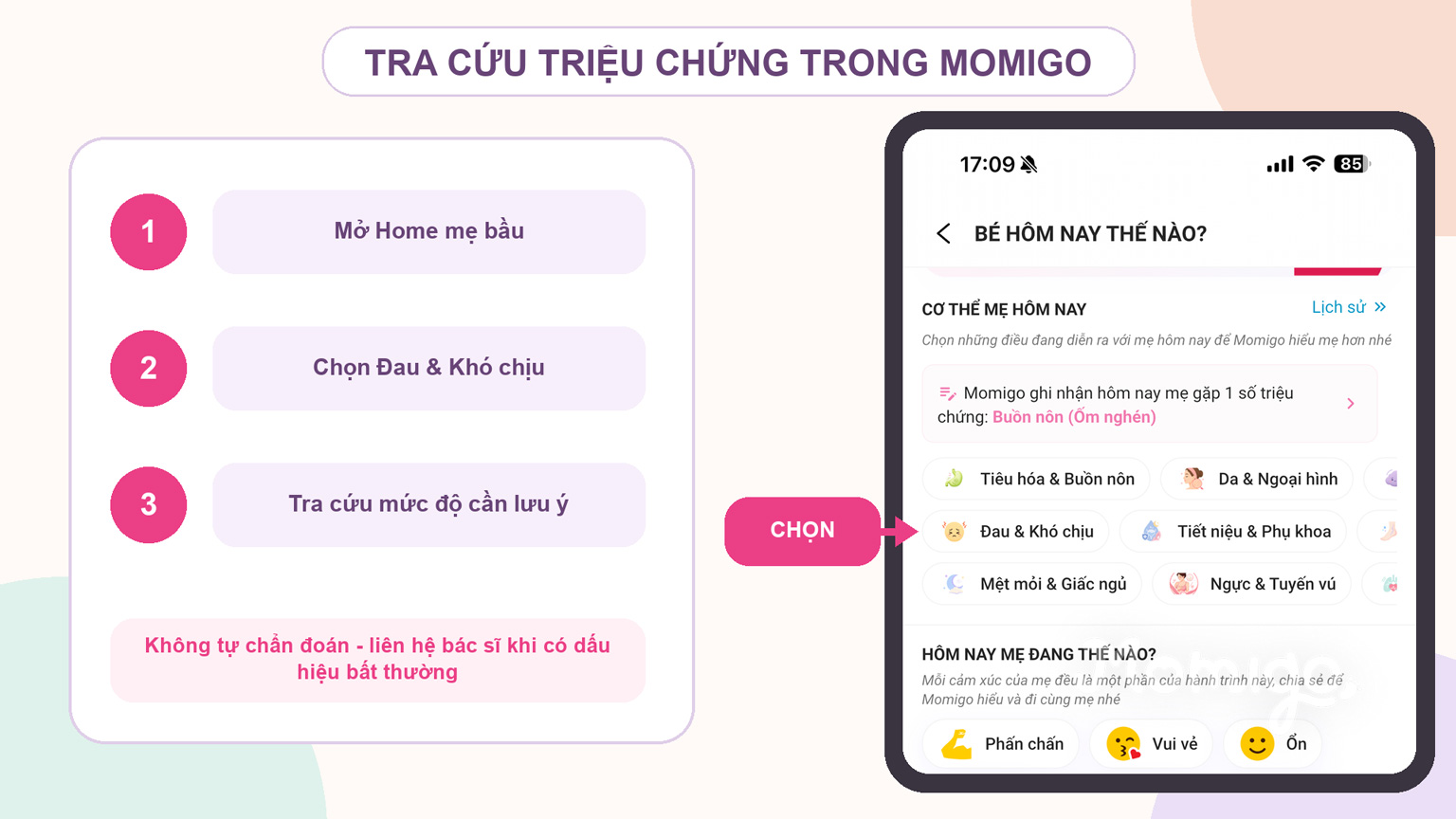 Tra cứu nhóm Đau &amp; Khó chịu trong mục Triệu chứng thai kỳ của Momigo