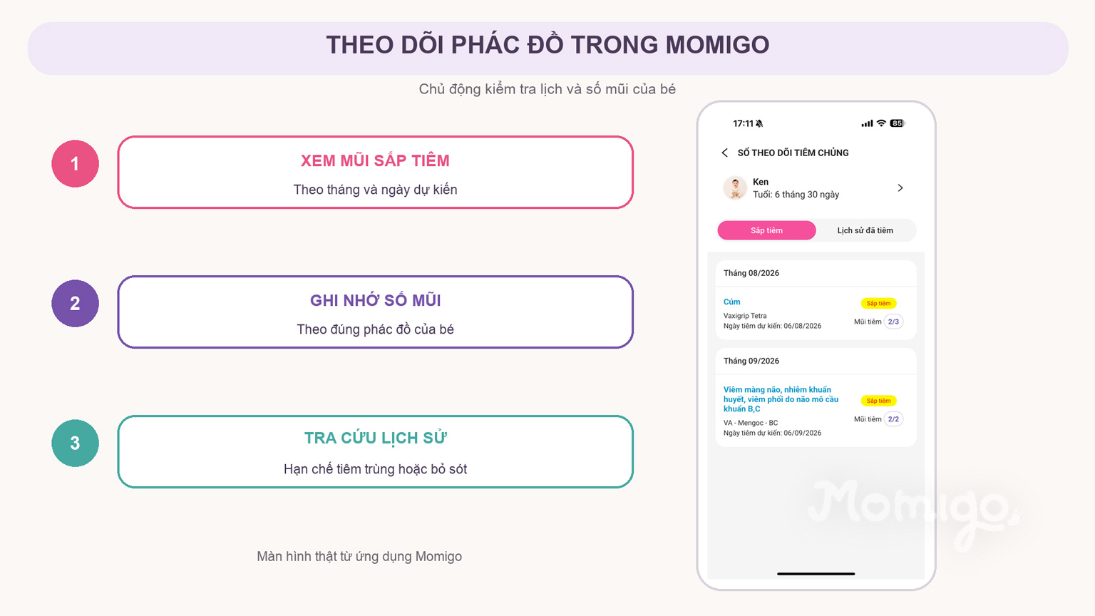 Theo dõi phác đồ tiêm chủng trong Momigo