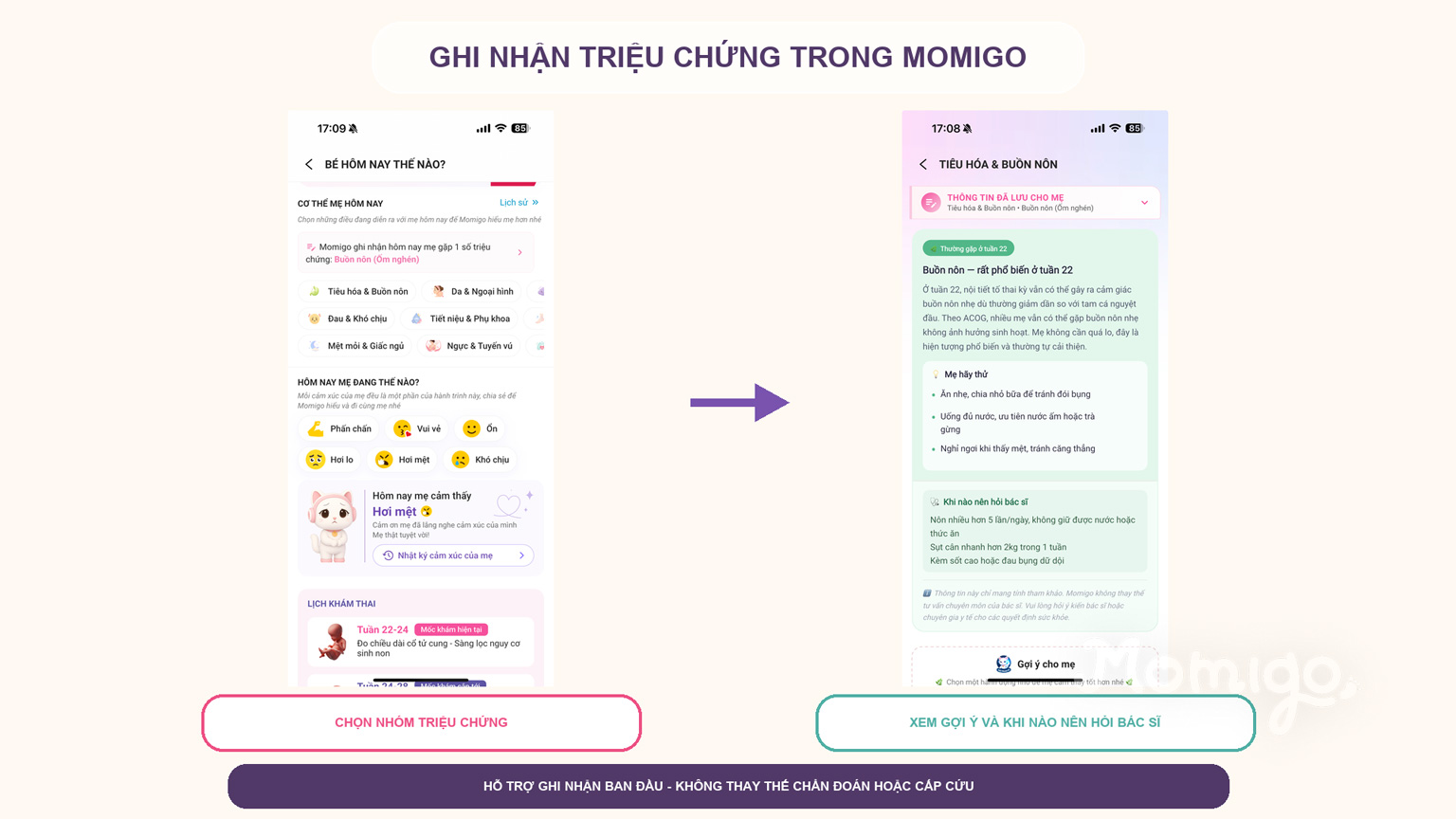 Luồng ghi nhận triệu chứng và xem gợi ý ban đầu trong Momigo