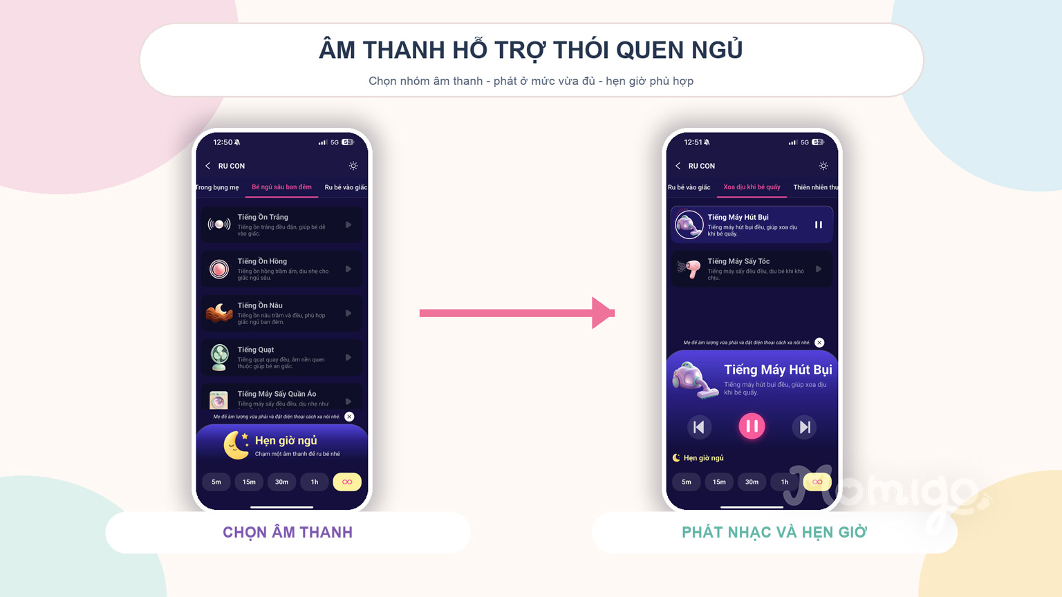 Chọn âm thanh và hẹn giờ ngủ trong Momigo để hỗ trợ thói quen trước giấc