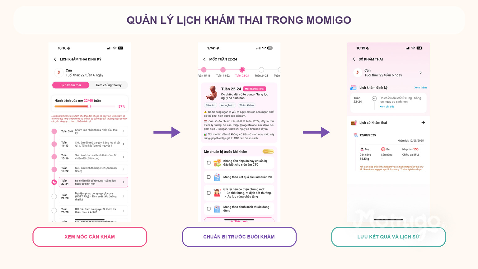 Luồng xem lịch, chuẩn bị và lưu kết quả khám thai trong Momigo