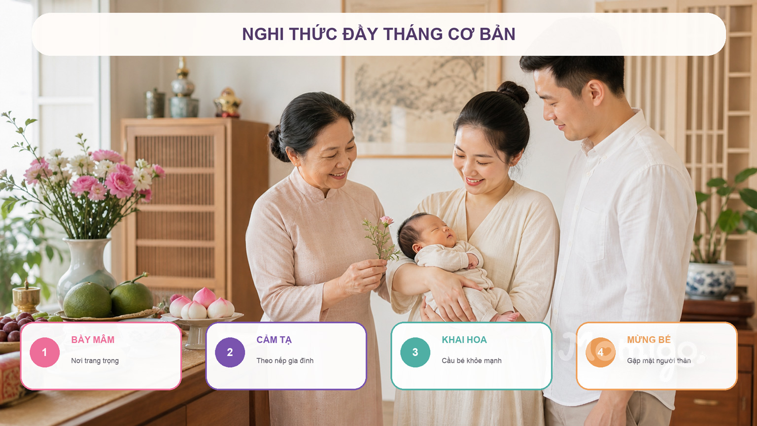 Trình tự nghi thức đầy tháng cơ bản có thể điều chỉnh theo nếp gia đình