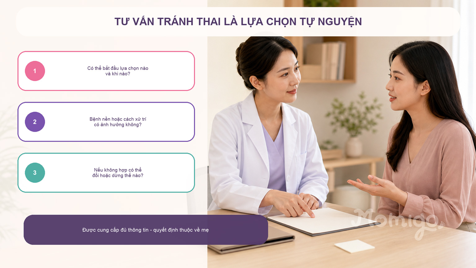 Ba câu hỏi giúp buổi tư vấn tránh thai cụ thể và tôn trọng lựa chọn của mẹ