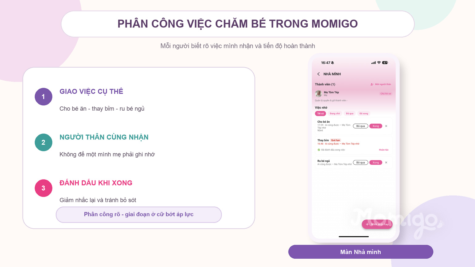 Phân công và theo dõi các việc chăm bé trong Momigo
