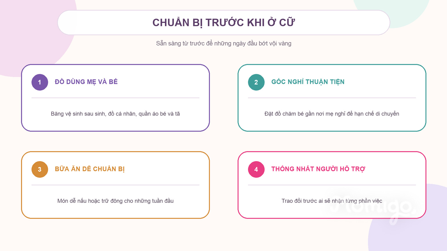 Bốn nhóm việc nên chuẩn bị trước khi bắt đầu giai đoạn ở cữ