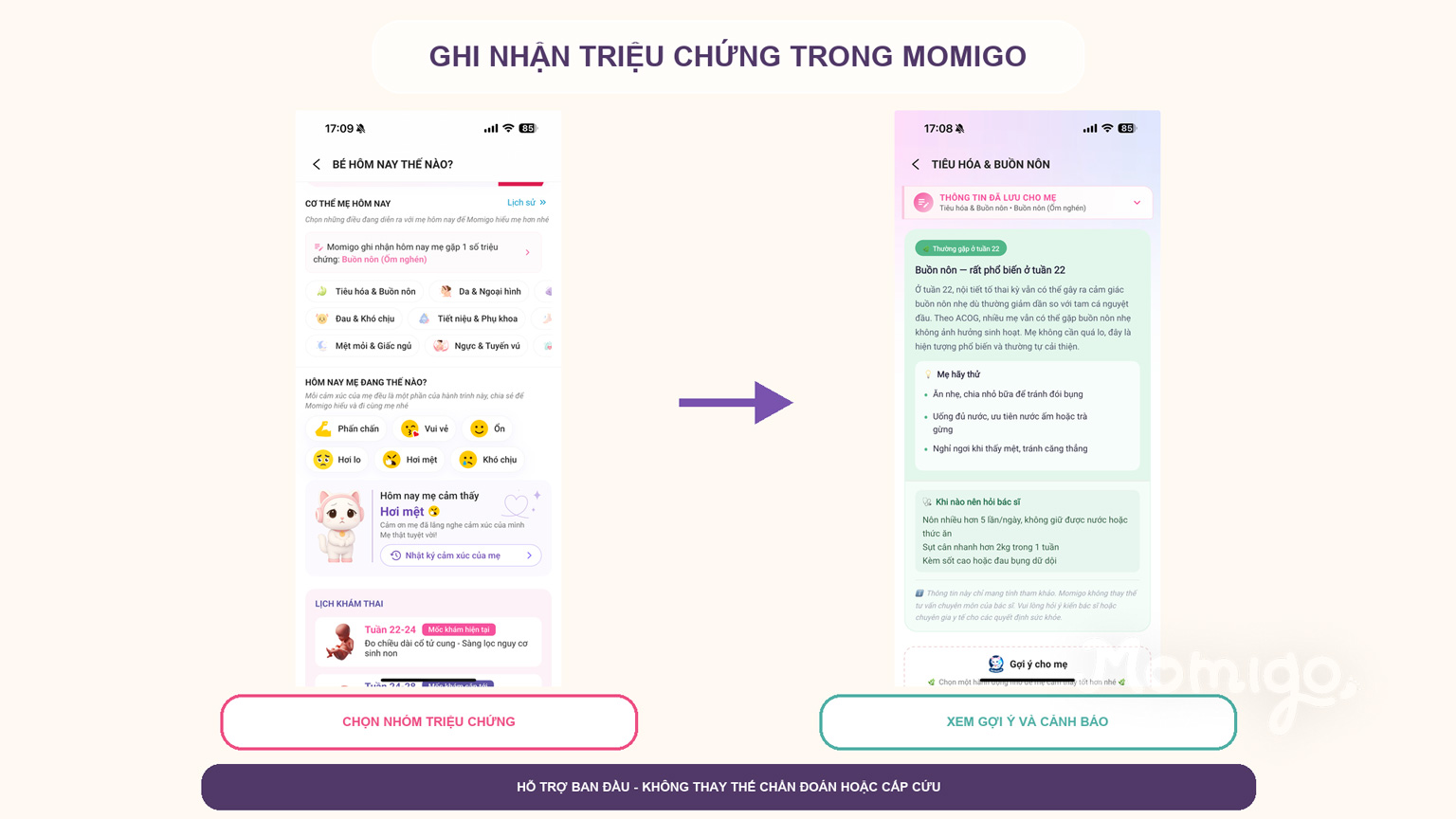 Luồng ghi nhận triệu chứng và xem gợi ý ban đầu trong Momigo