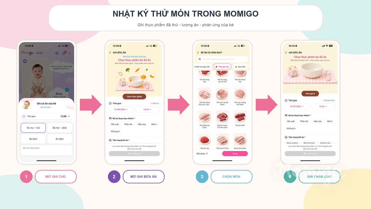 Luồng ghi thực phẩm đã thử và phản ứng của bé trong Momigo
