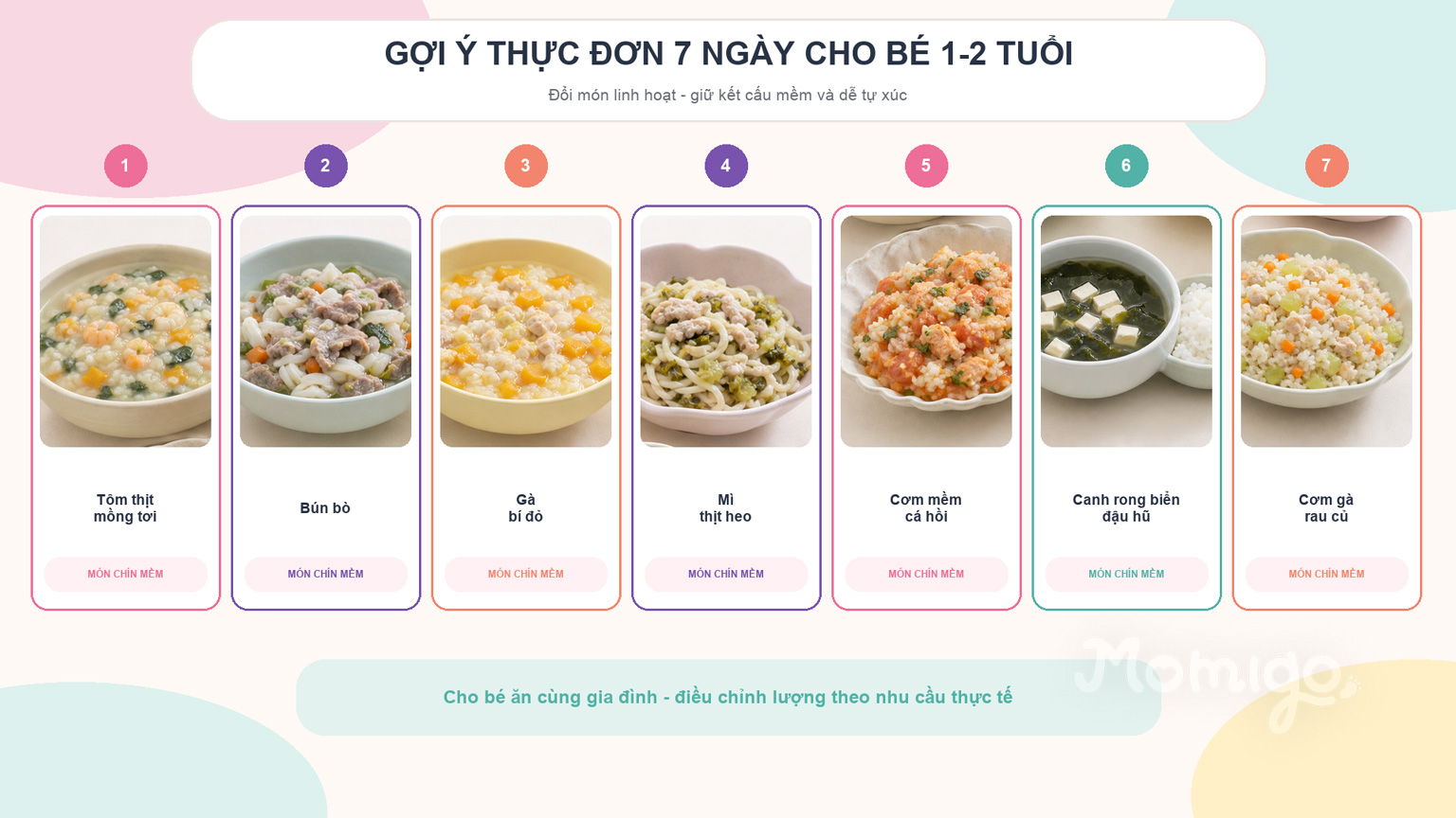Gợi ý thực đơn 7 ngày với món chín mềm và dễ tự xúc