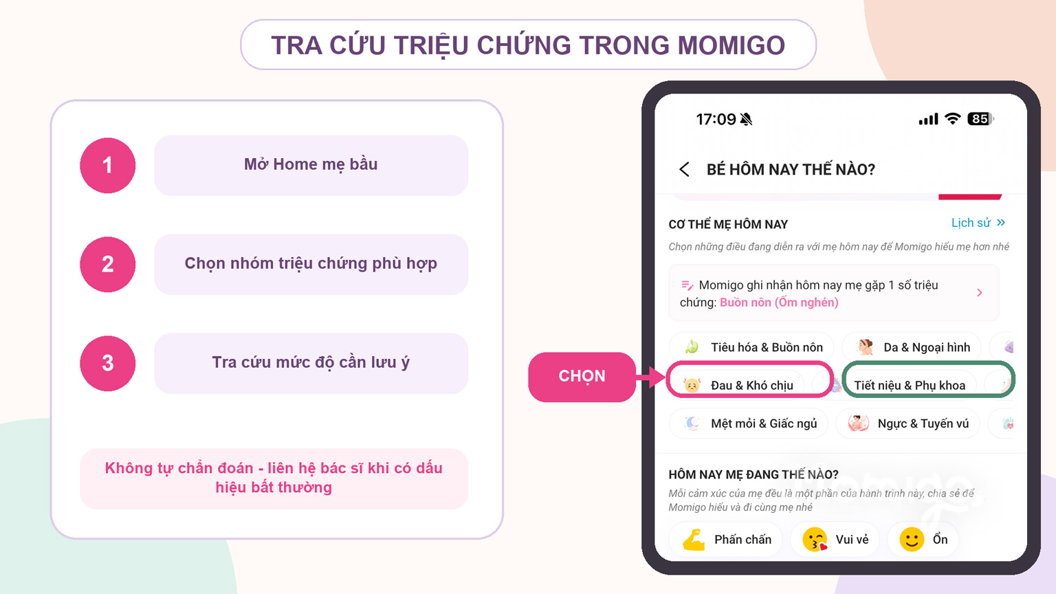 Tra cứu nhóm Đau &amp; Khó chịu và Tiết niệu &amp; Phụ khoa trong Momigo
