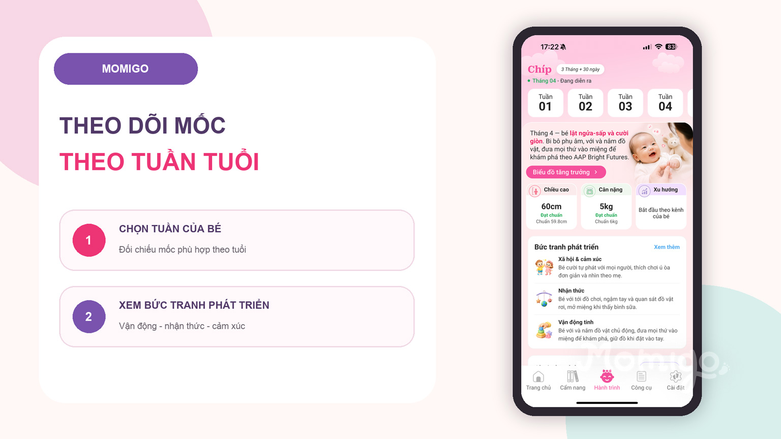 Theo dõi cột mốc phát triển của bé theo tuần tuổi trong Momigo