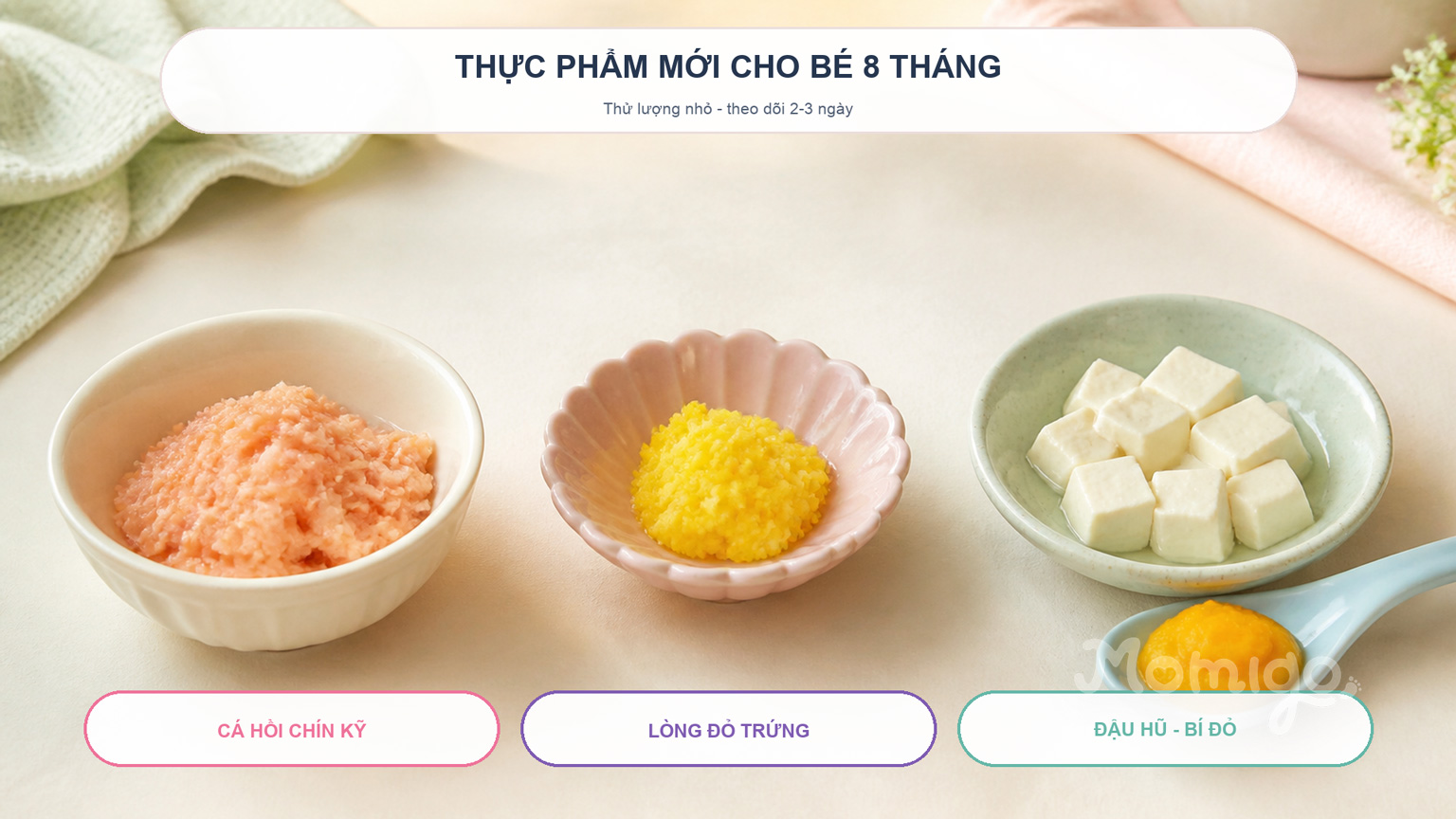 Cá hồi, lòng đỏ trứng và đậu hũ là những thực phẩm mới cần giới thiệu từng loại