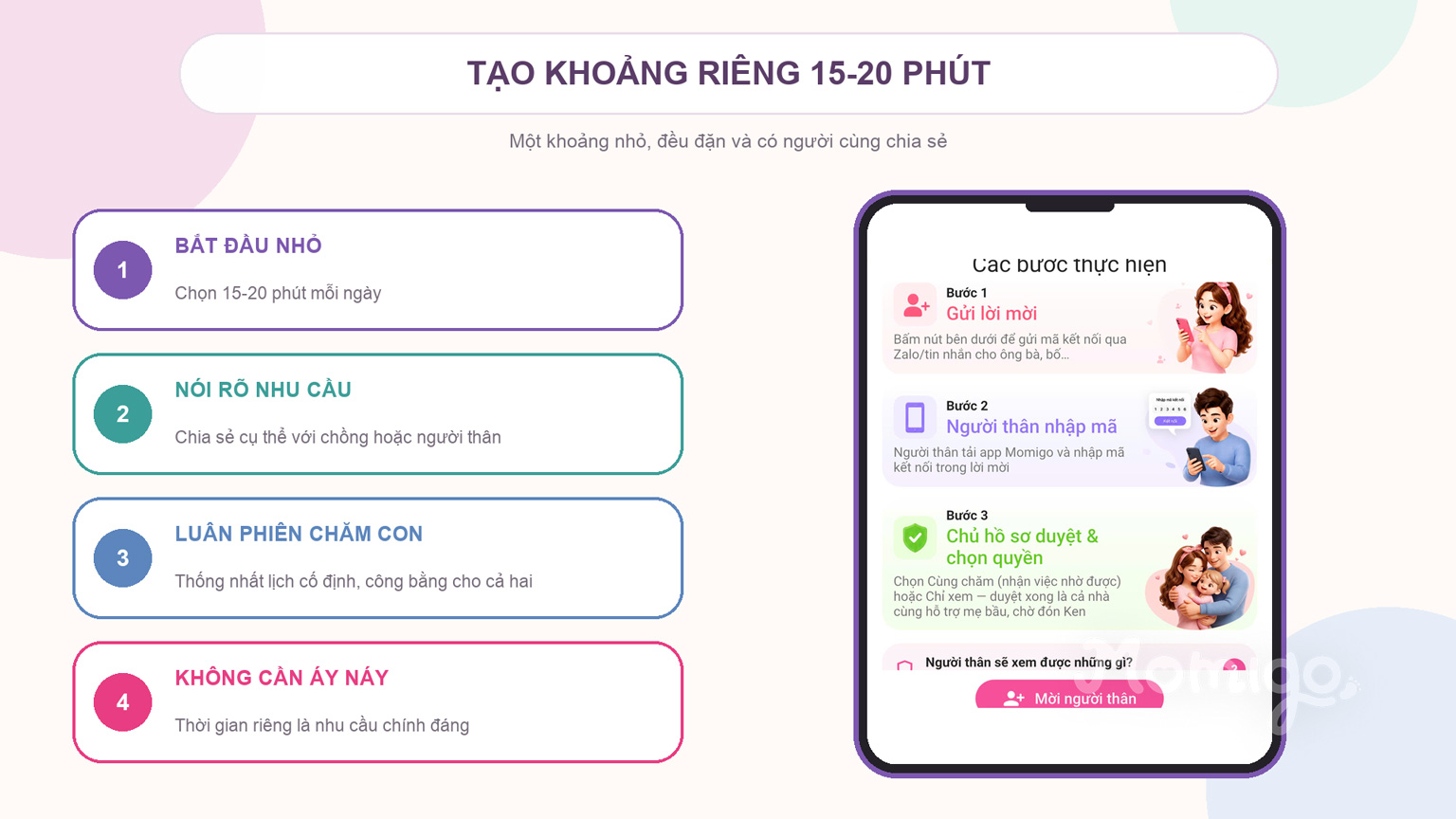 Bốn bước tạo khoảng riêng và chia sẻ việc chăm con cùng người thân