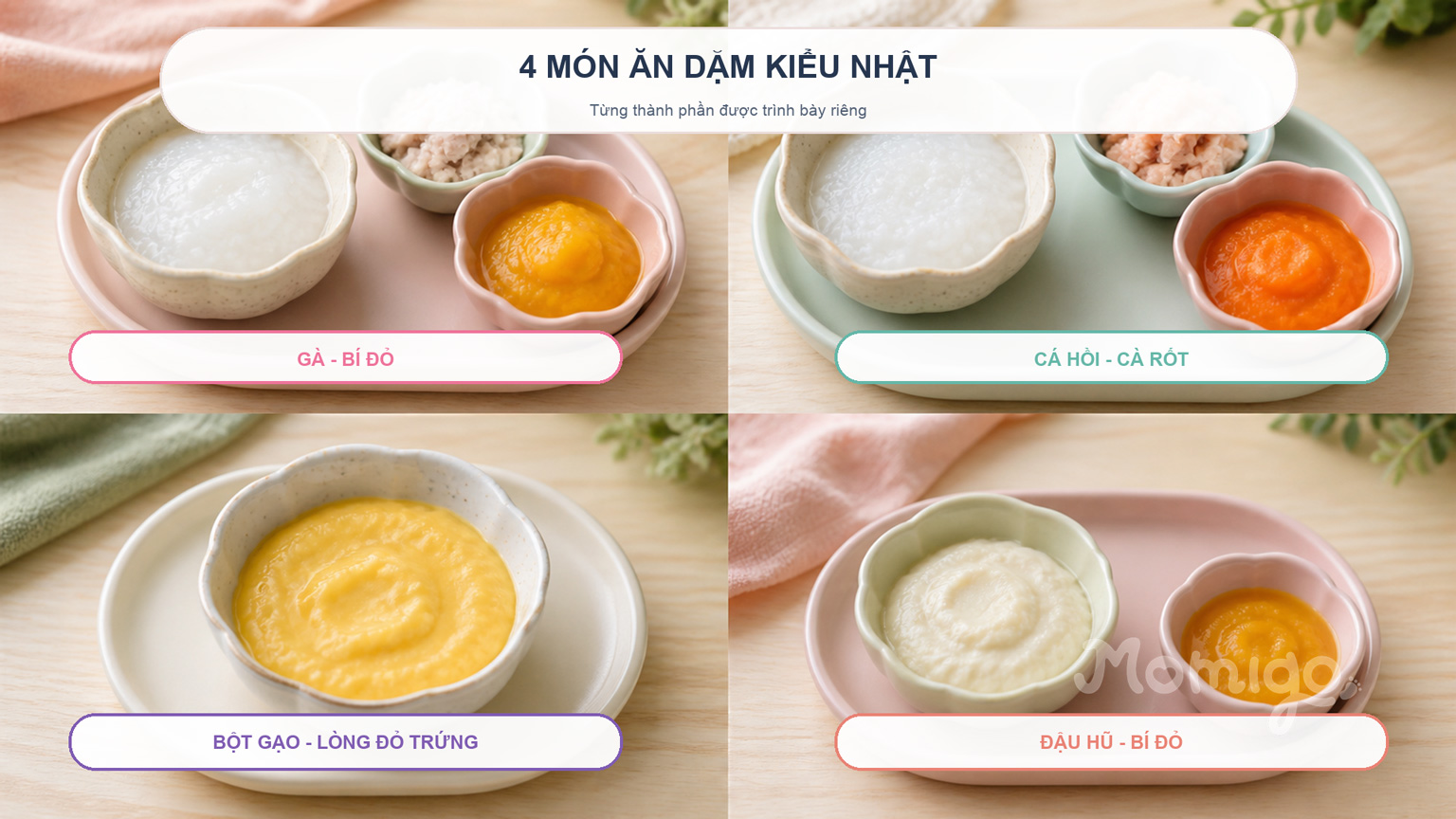 Bốn món ăn dặm kiểu Nhật với thành phần được trình bày riêng