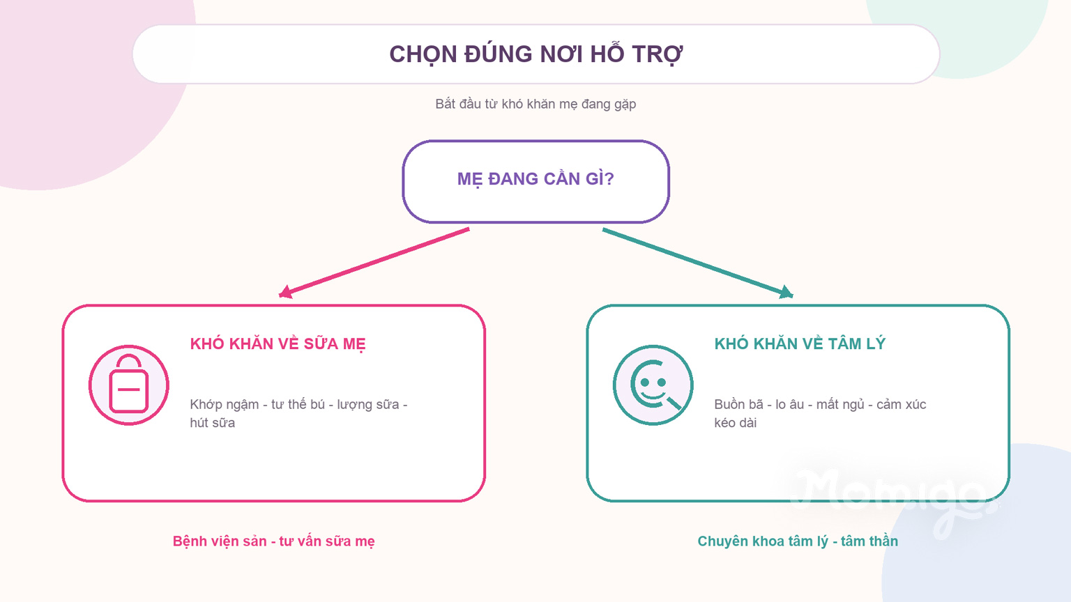 Chọn đúng loại cơ sở hỗ trợ theo khó khăn về sữa mẹ hoặc tâm lý sau sinh