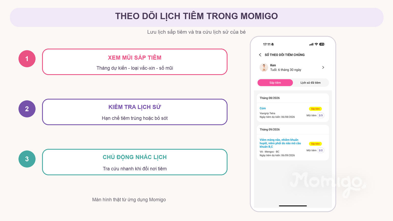 Theo dõi lịch tiêm chủng của bé trong Momigo
