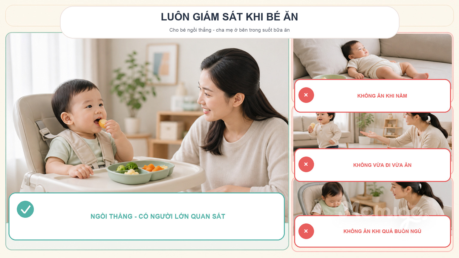 Tư thế và cách giám sát an toàn trong suốt bữa ăn