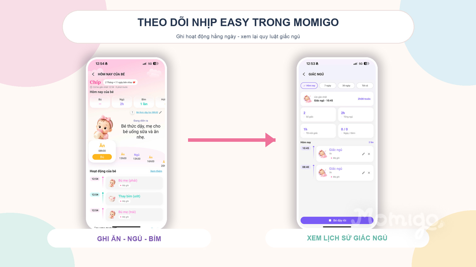 Theo dõi hoạt động hằng ngày và lịch sử giấc ngủ của bé trong Momigo