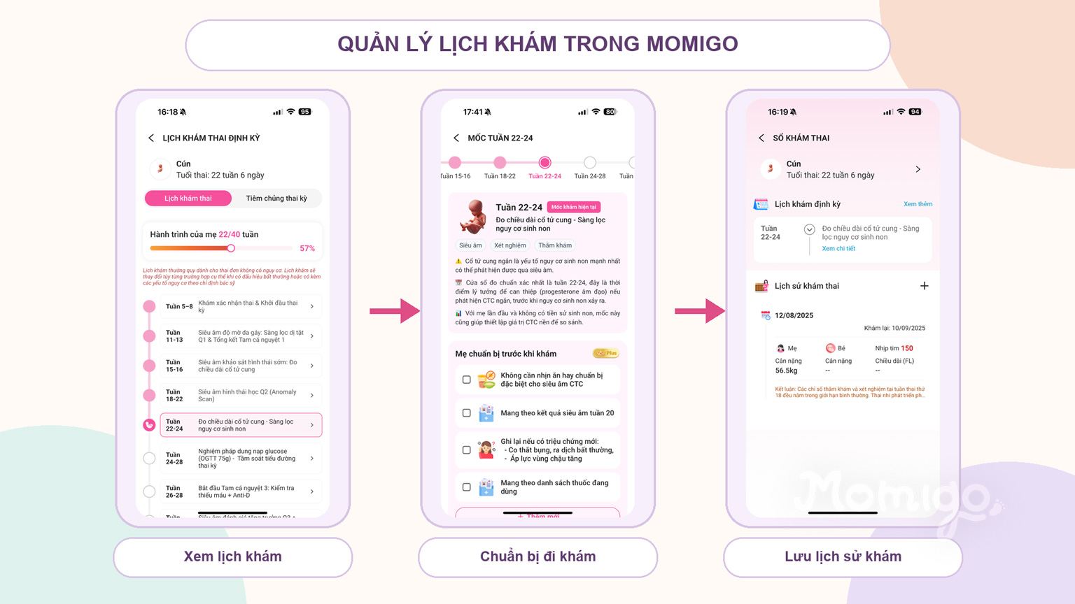 Xem lịch khám và lưu lịch sử khám thai trong Momigo