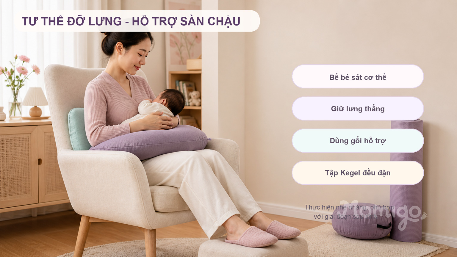 Tư thế giúp giảm áp lực lên lưng và hỗ trợ cơ sàn chậu sau sinh