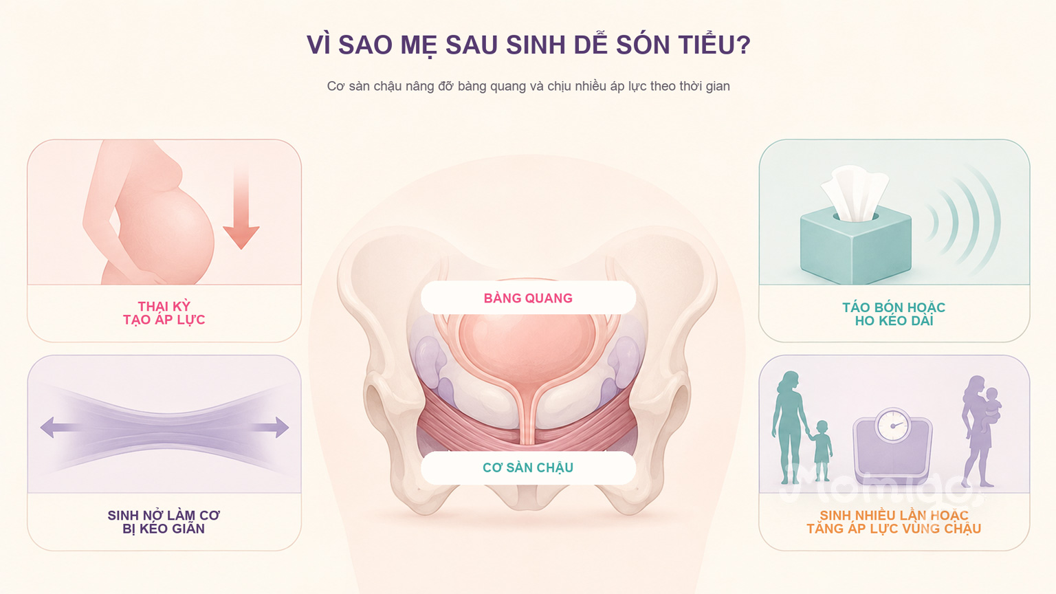 Những yếu tố có thể làm tăng áp lực hoặc suy yếu cơ sàn chậu sau sinh