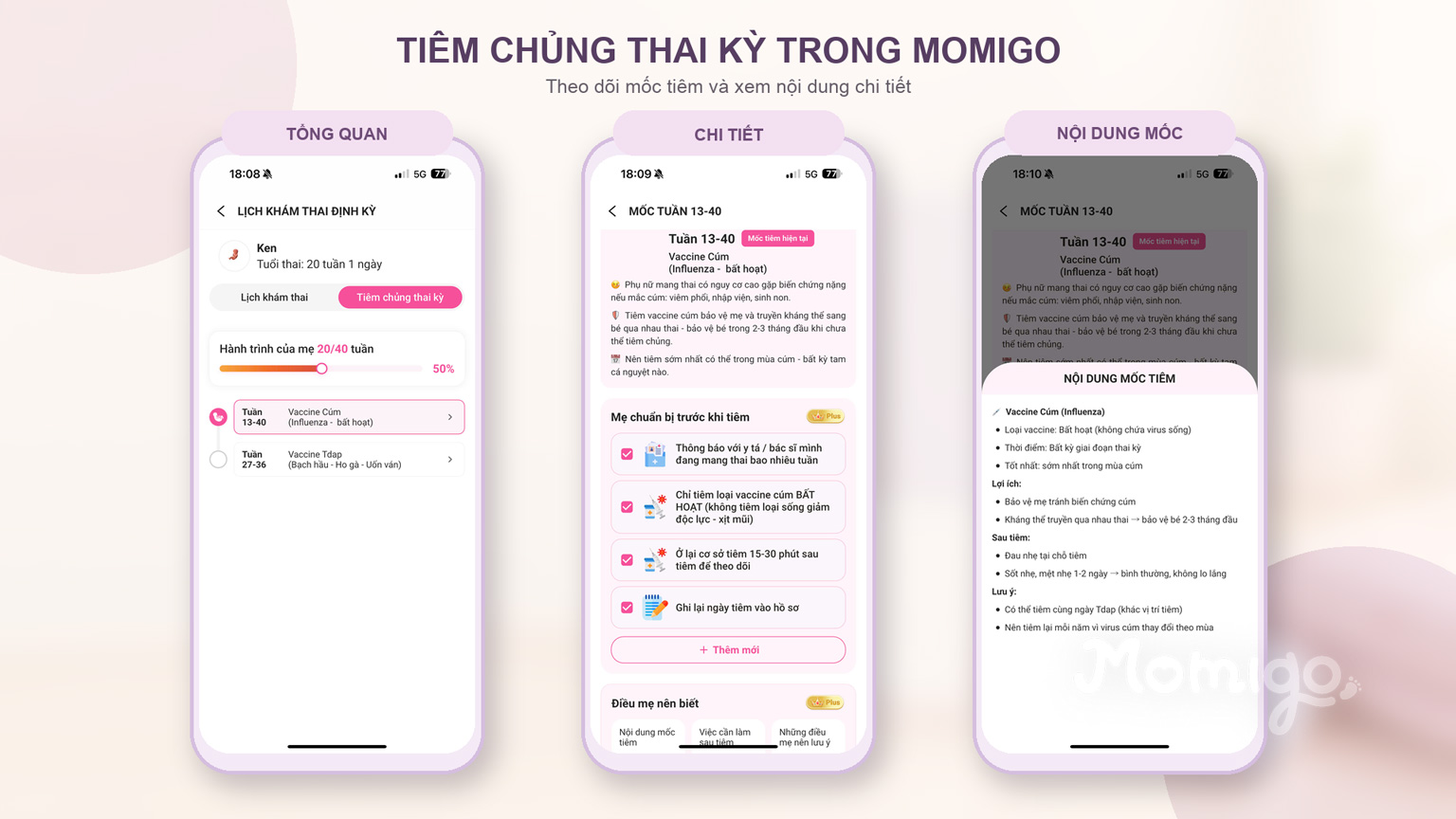 Theo dõi mốc tiêm chủng thai kỳ và nội dung chi tiết trong Momigo