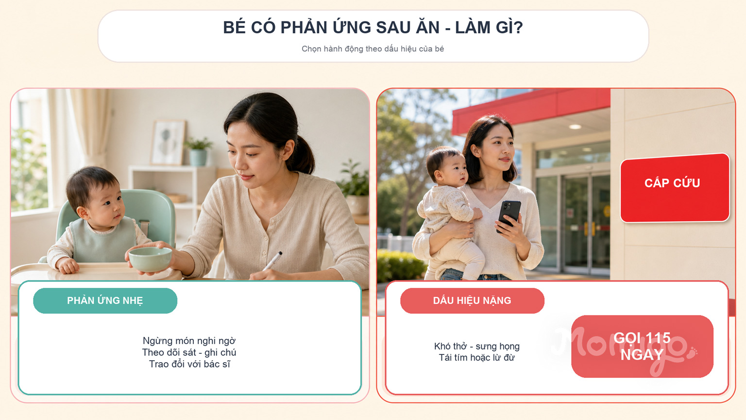 Cách xử lý theo mức độ phản ứng sau khi bé ăn