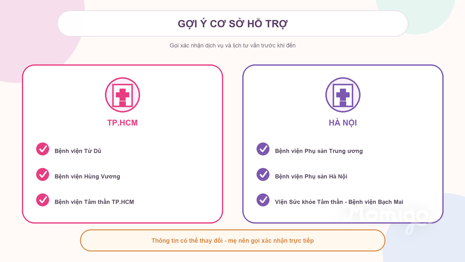 Một số cơ sở hỗ trợ tại TP.HCM và Hà Nội - mẹ nên gọi xác nhận trước khi đến