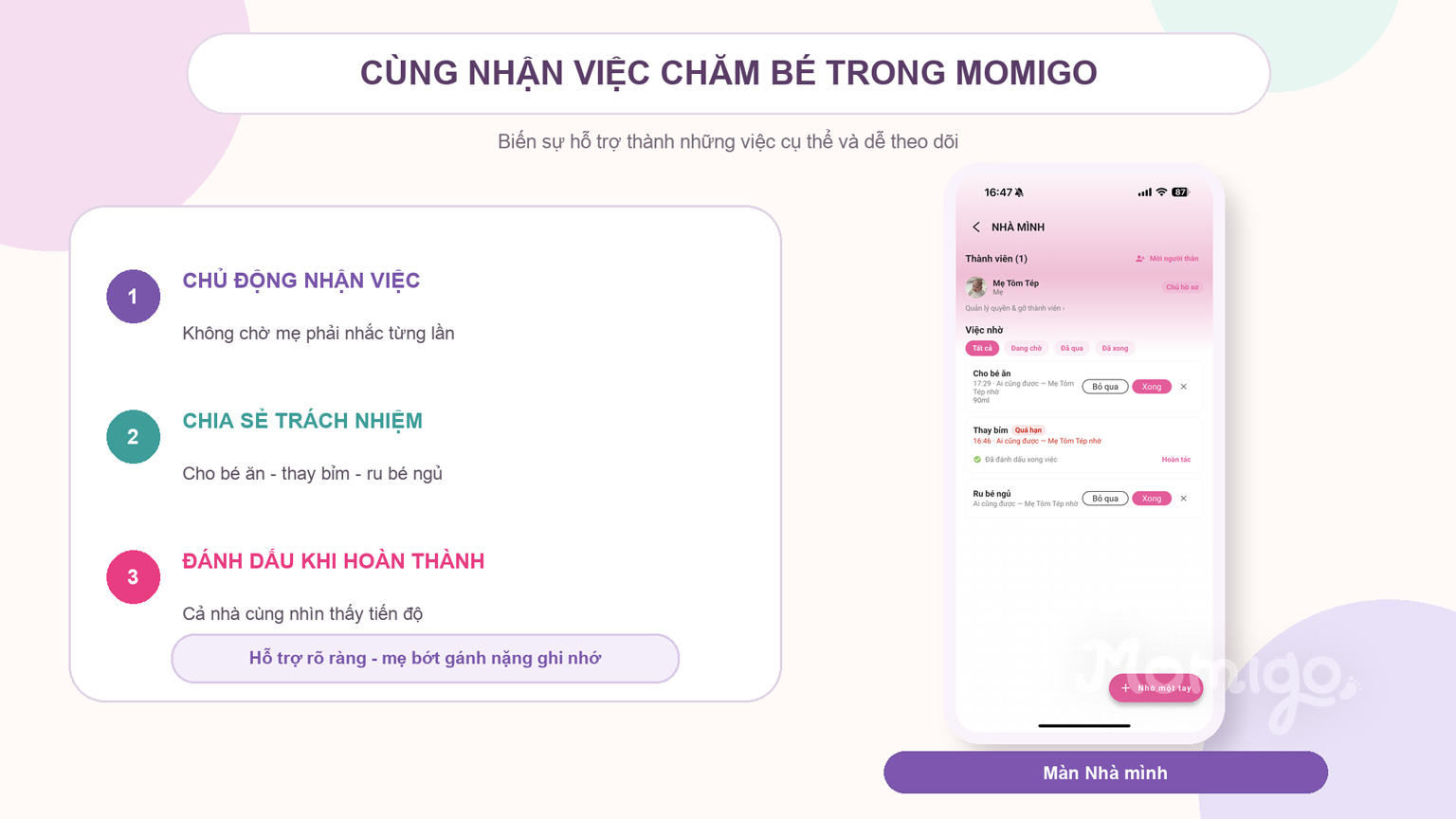 Cùng nhận và hoàn thành các việc chăm bé trong Momigo