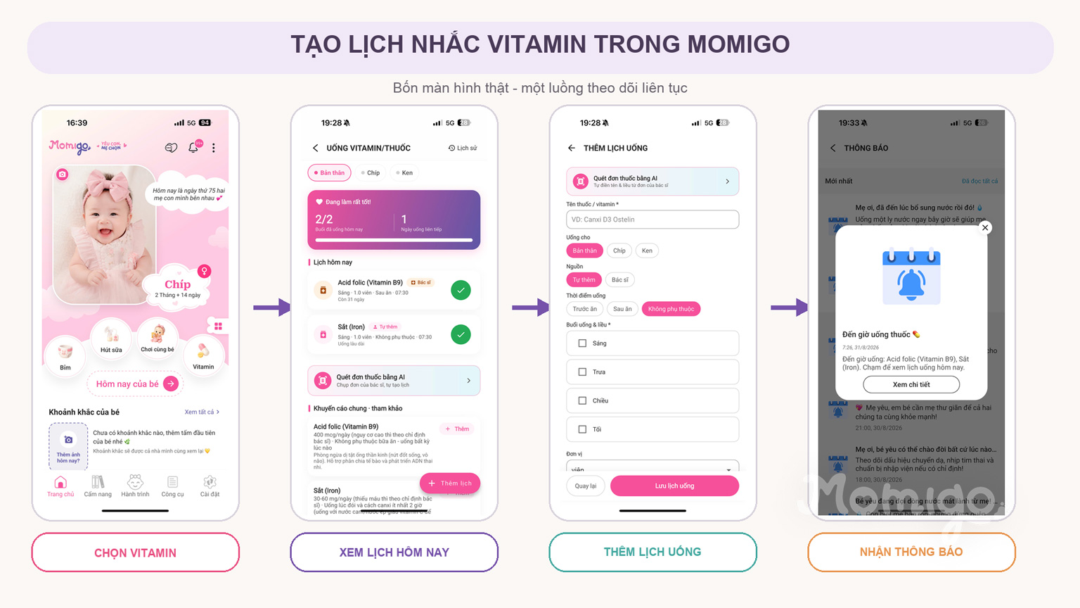 Tạo lịch nhắc vitamin và theo dõi trong Momigo
