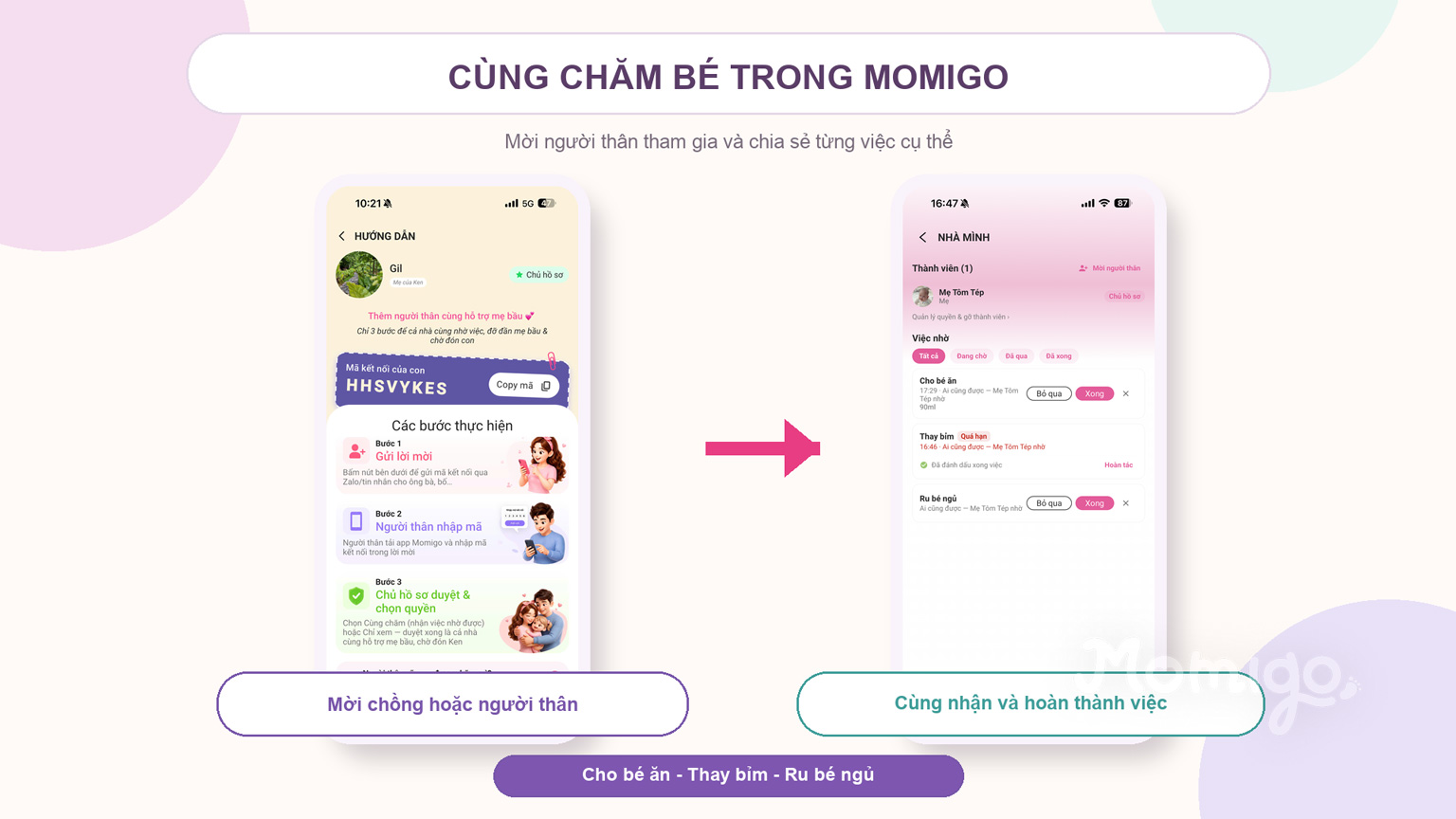 Mời người thân cùng nhận việc chăm bé trong Momigo