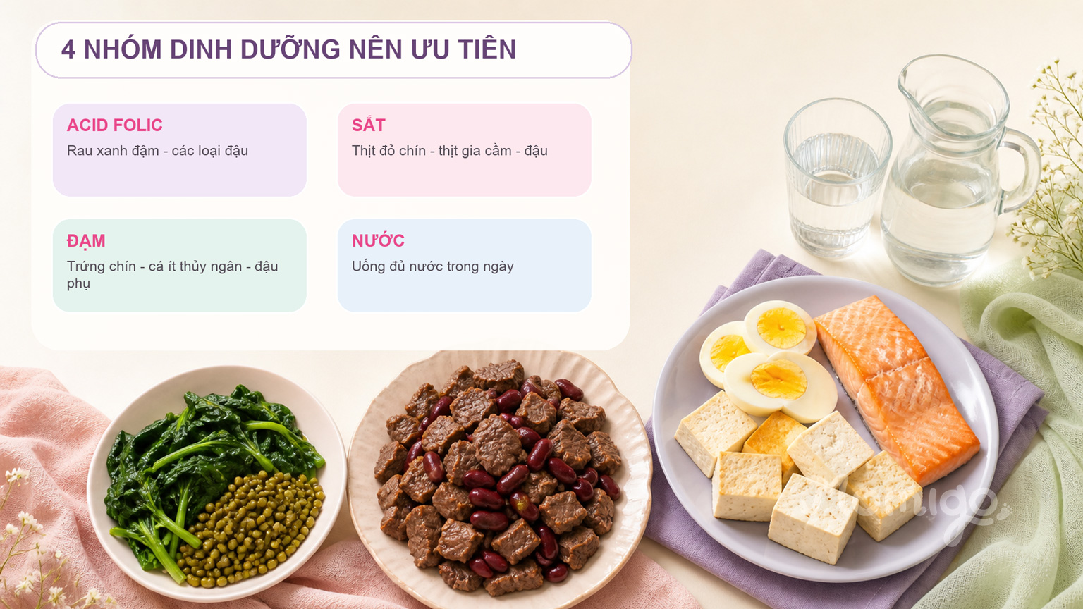 Bốn nhóm dinh dưỡng mẹ nên ưu tiên trong 3 tháng đầu
