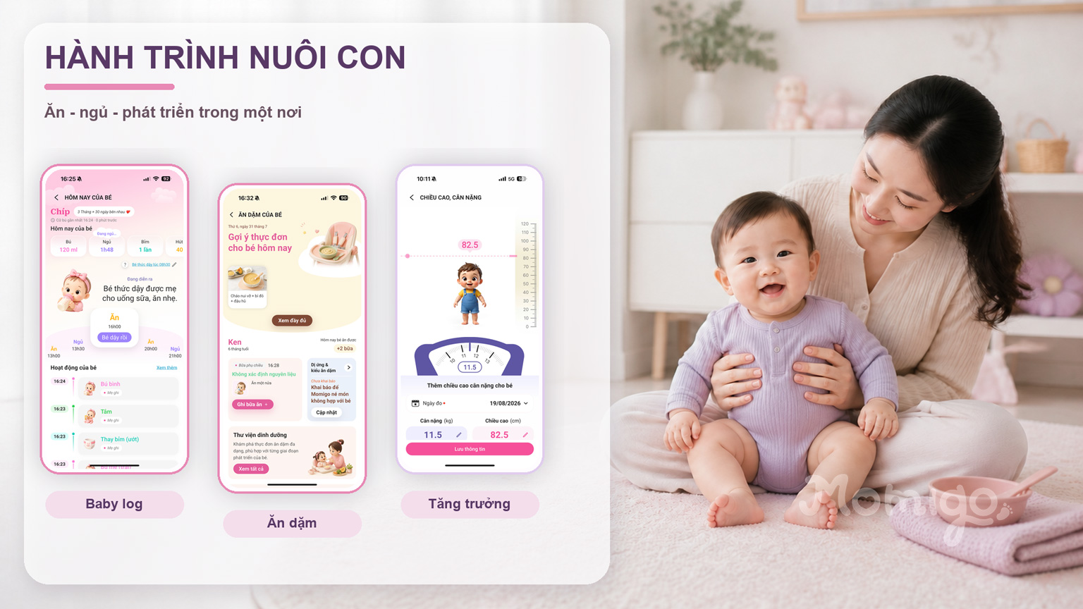 Theo dõi ăn, ngủ và phát triển của bé trên Momigo