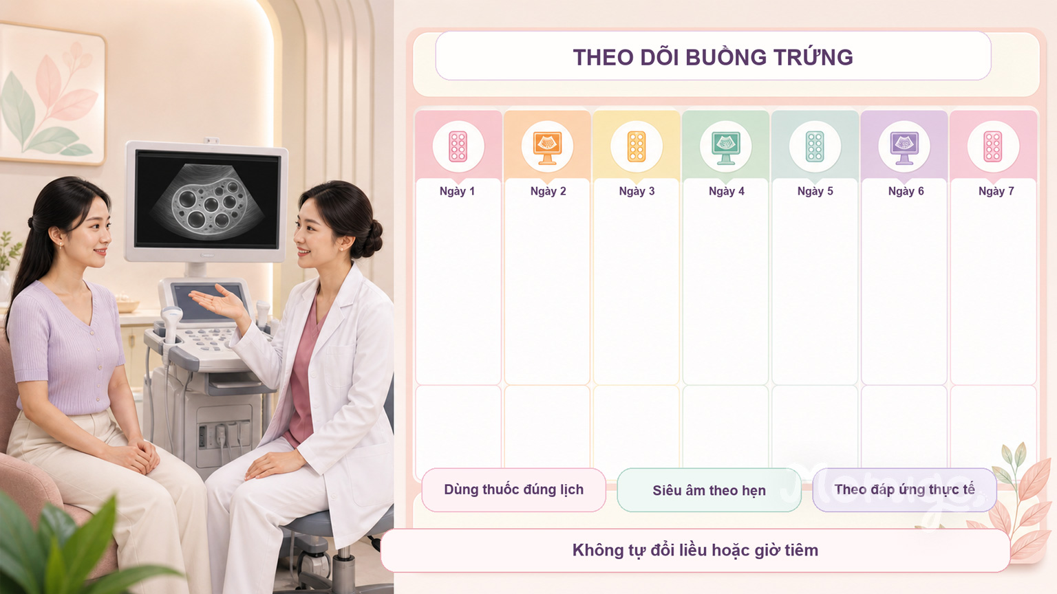 Lịch thuốc và siêu âm theo dõi được cá nhân hoá theo phác đồ và đáp ứng của buồng trứng
