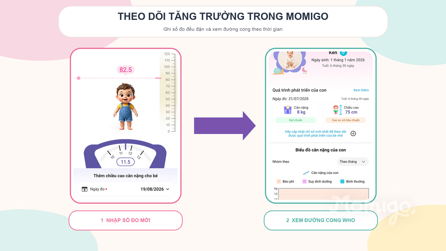 Luồng nhập số đo và theo dõi đường cong tăng trưởng trong Momigo