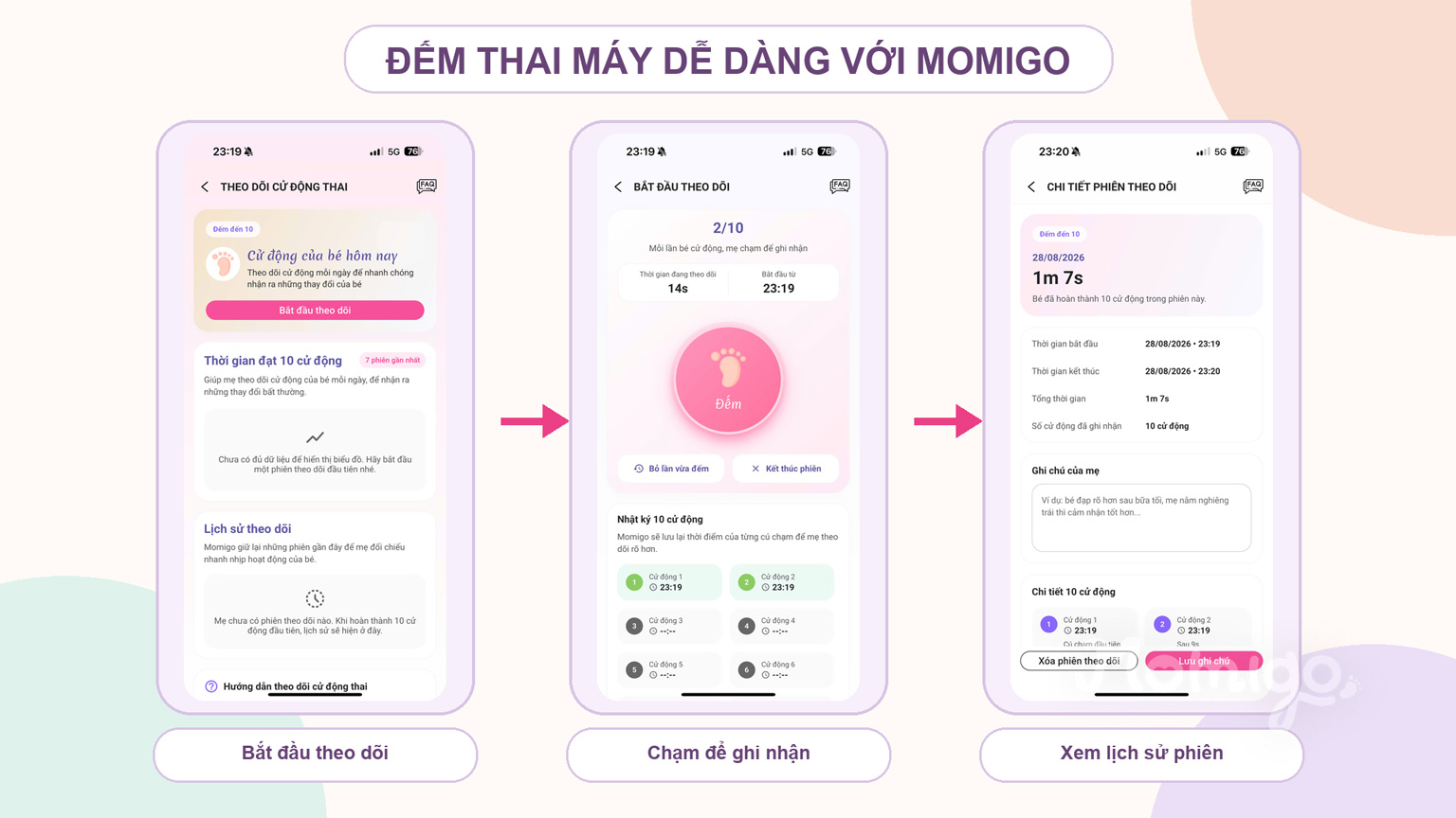 Bắt đầu, ghi nhận và xem lịch sử cử động thai trong Momigo