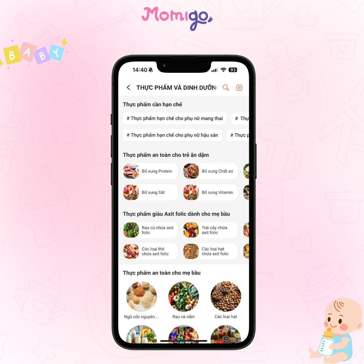 Tiện ích dinh dưỡng trên app Momigo