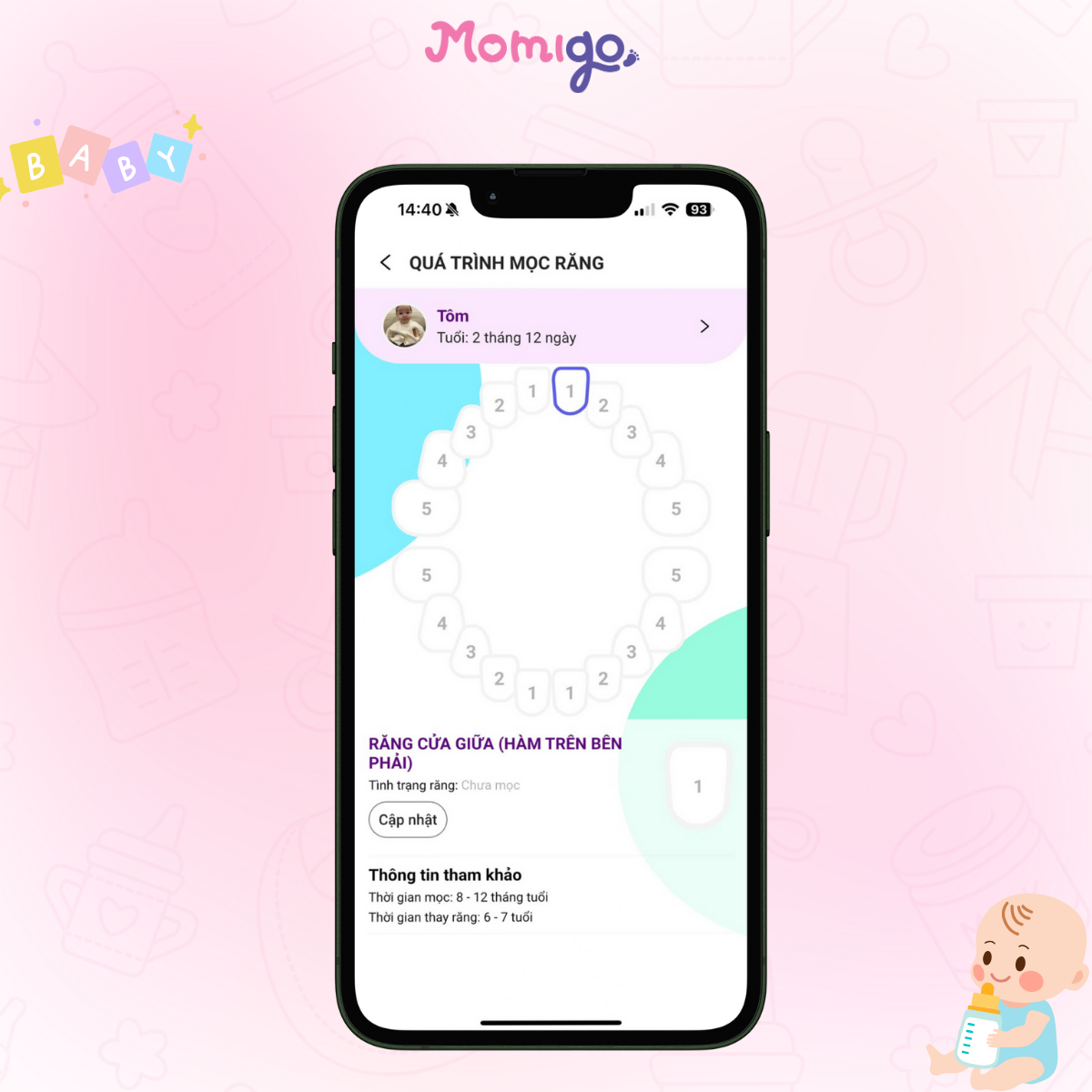 Ba mẹ có thể theo dõi lịch mọc răng dễ dàng với Momigo