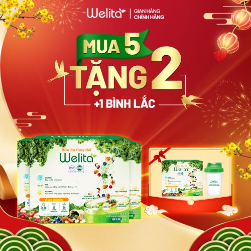 [MUA 5 TẶNG 2 + BÌNH LẮC] Combo 5 Hộp Bữa Ăn Dinh Dưỡng WELITA 100% Đạm Thực Vật Tốt Cho Người Tim Mạch - Hộp 20 Gói + [Tặng 2 Hộp 20 Gói + Bình Lắc]