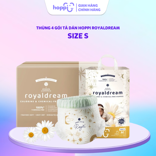 Thùng 4 Gói Tã - Bỉm Hoppi RoyalDream Size S Cao Cấp, Thấm Hút 14 Giờ.