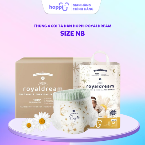 Thùng 4 Gói Tã - Bỉm Hoppi RoyalDream Size NB Cao Cấp, Thấm Hút 14 Giờ.